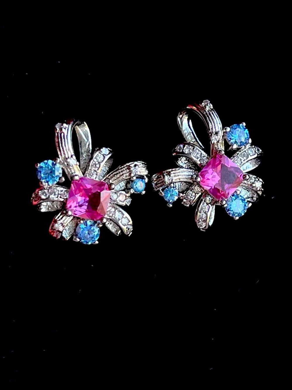Silver Floral Stud Earrings with Lab Created Pink and Blue Gems